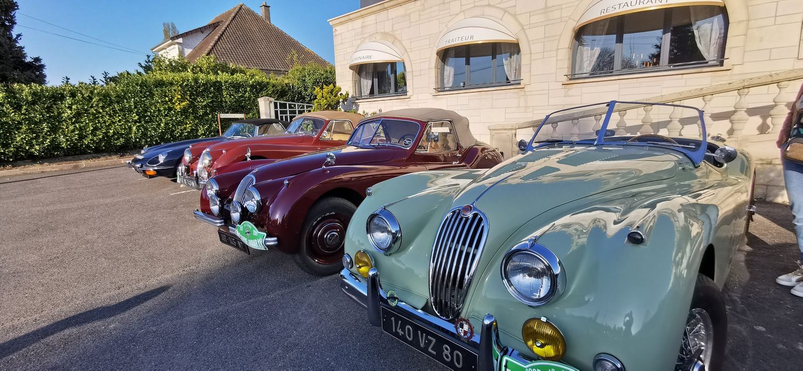 Jaguar XK bleu clair de profil